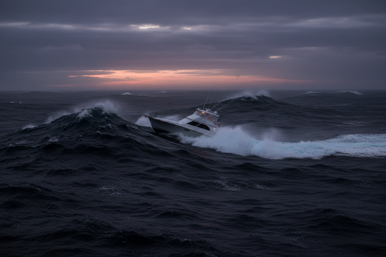 Dark Deep Sea in Hawaii with Horizon with Riviera fishing boat with waves