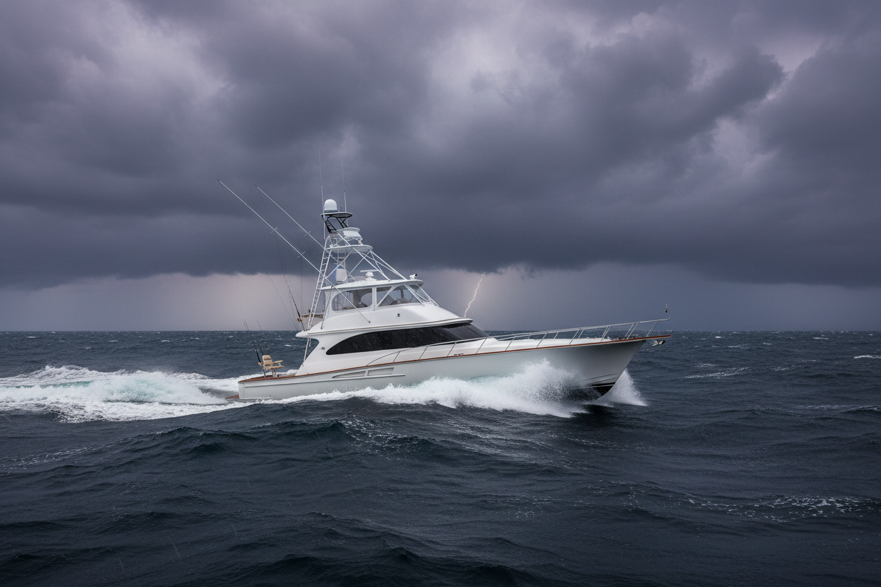 Deep water fishing with horizon and Riviera fishing boat. Ensure photo is dark with clouds